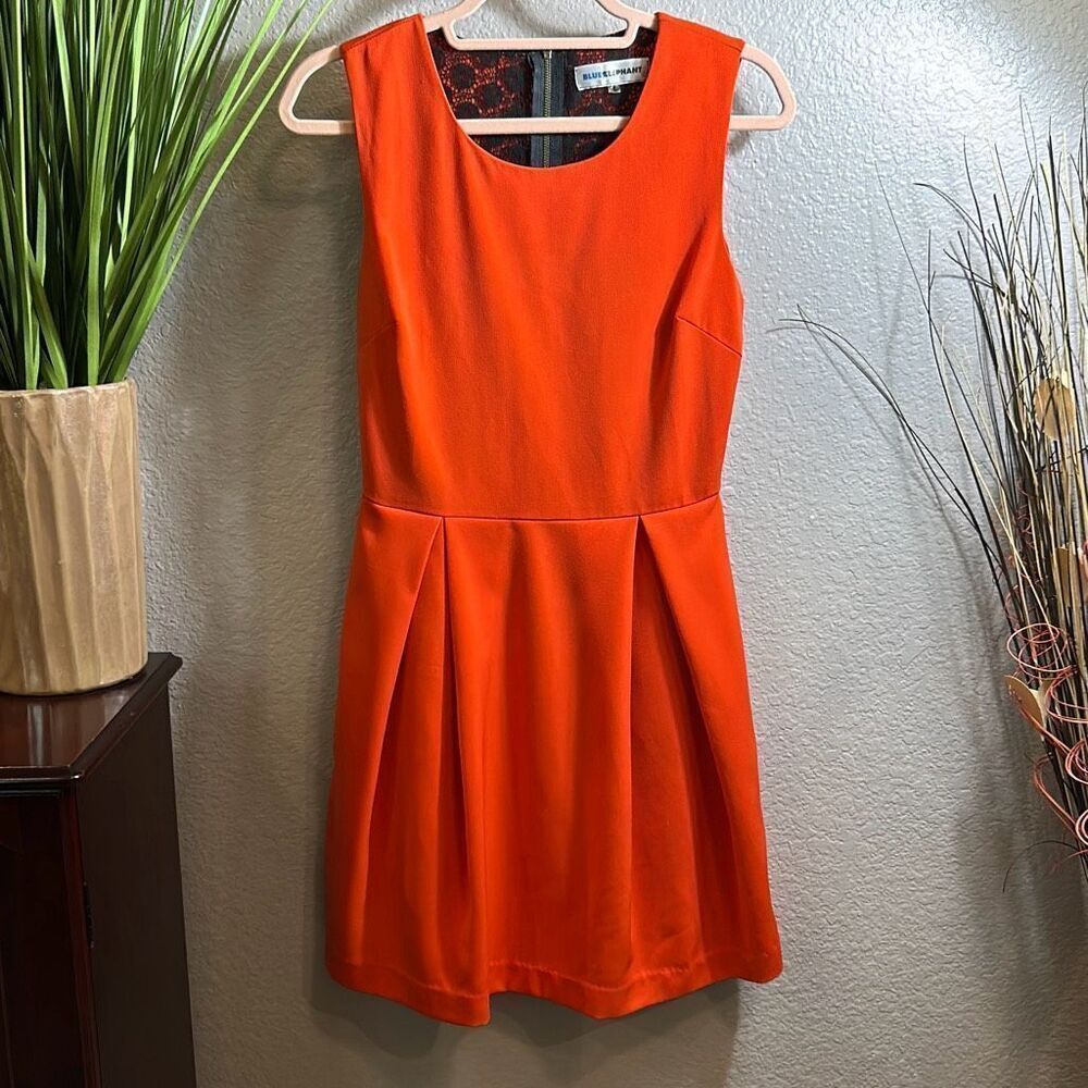 #199 Blue elephant,  orange/black sleeveless midi dress. size small